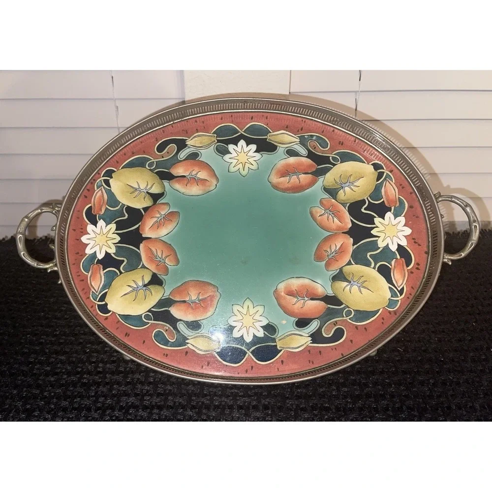 Vintage Gesetzlich‎ geschutzt Tray With Floral Porcelain/Enamel & Metal Frame